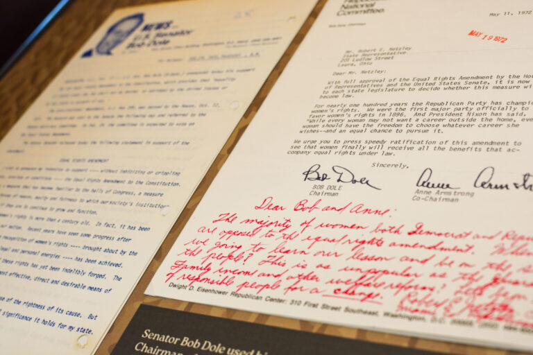 Detail of a letter from Senator Bob Dole and Anne Armstrong in support of the ERA, with a handwritten note from the receiver, Republican Congressman Robert Netzley of Ohio, who opposed the amendment.